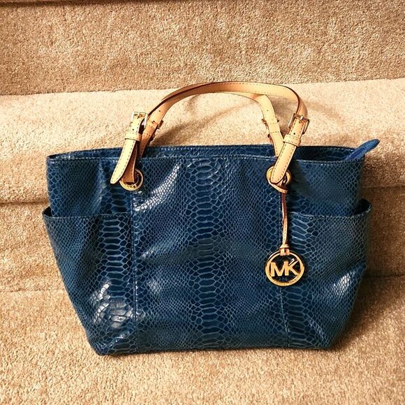 Michael Kors Turquoise Snakeskin-Print Embossed Leather Tote Bag - Picture 1 of 12
